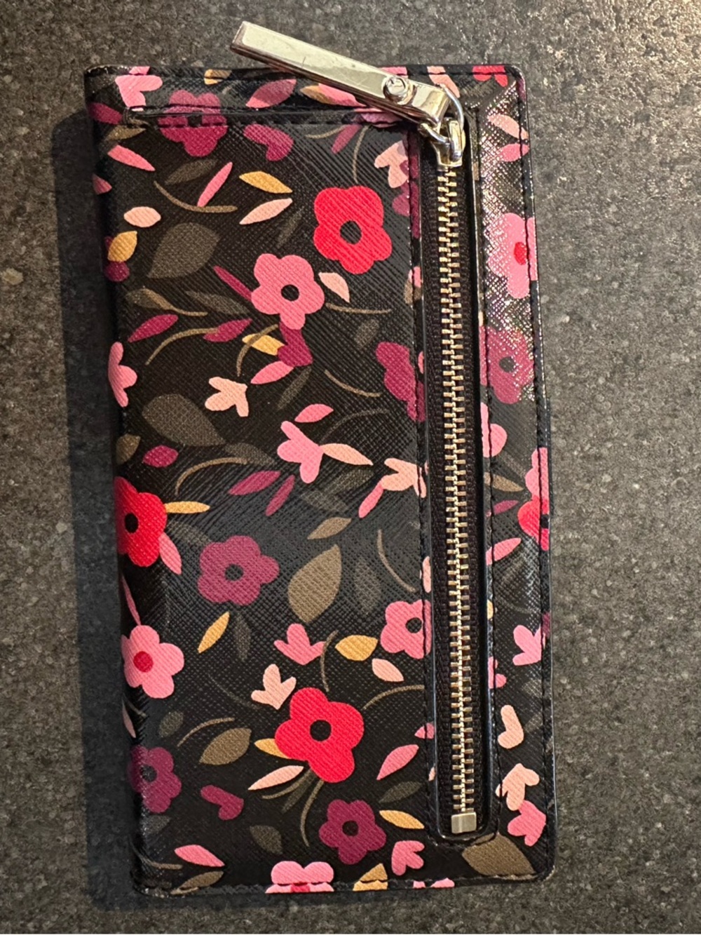kate spade Black Floral Slim Continental Wallet with Pink and Red Flowers - Picture 2 of 3
